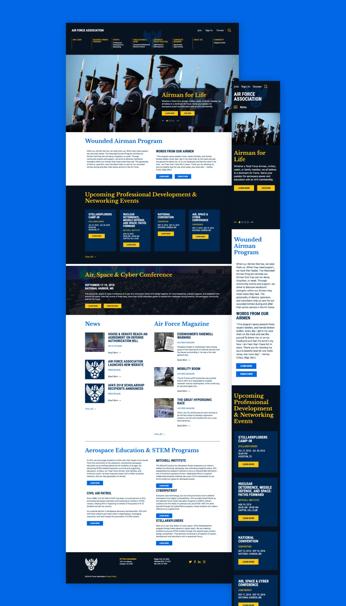 Air Force Association website homepage, in desktop and mobile views