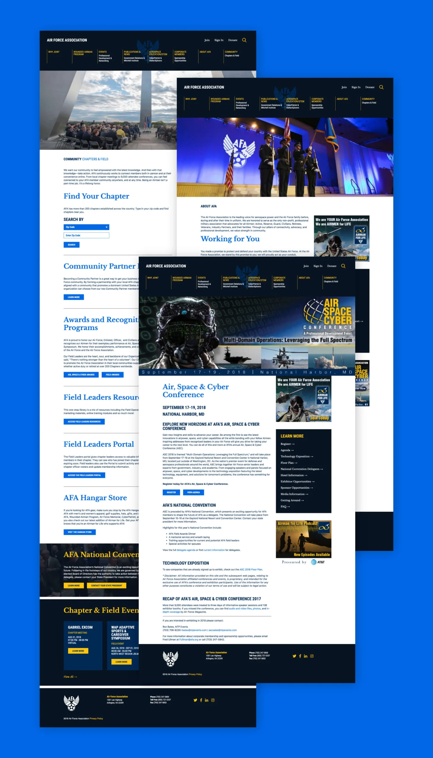 Sample pages from the Air Force Association website shown overlapping, in desktop view