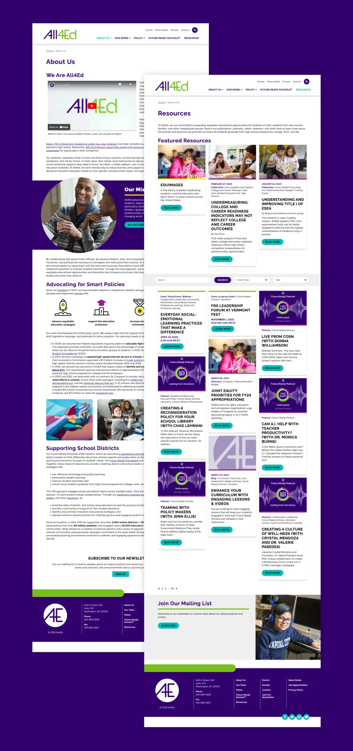 Sample pages from the All4Ed website shown overlapping, in desktop view