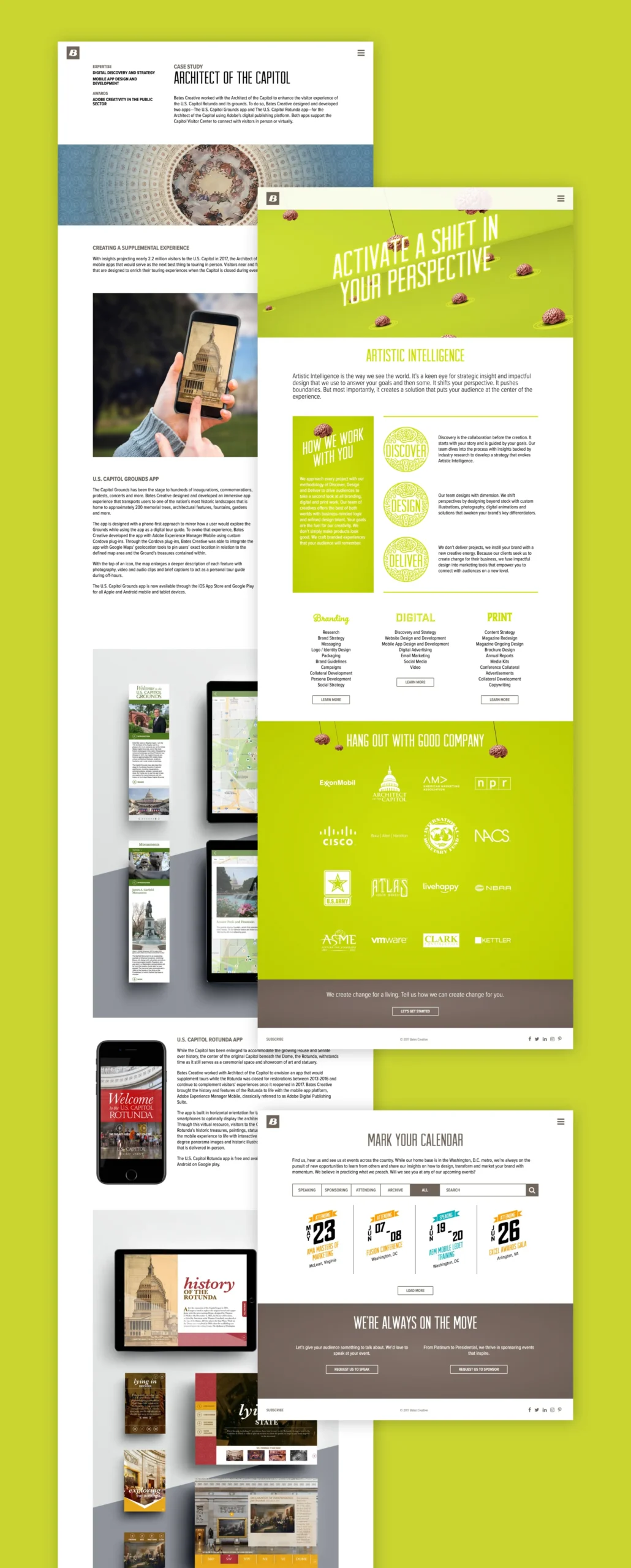 Sample pages from the Bates Creative website shown overlapping, in desktop view