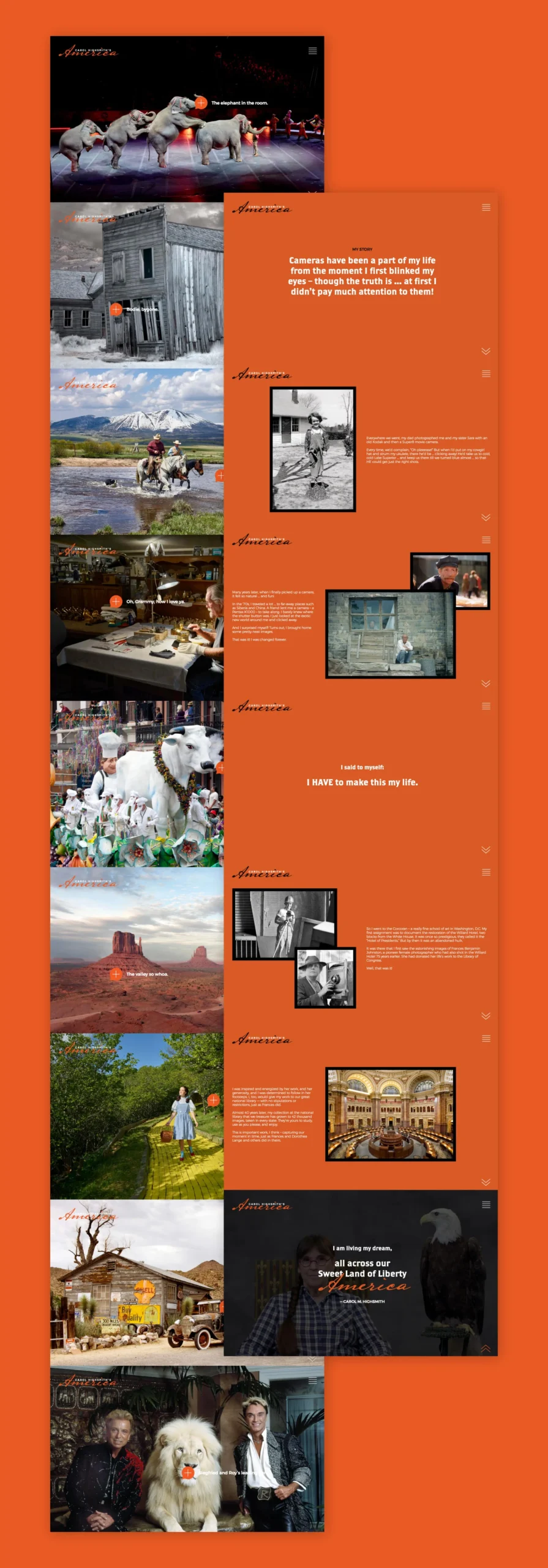 Sample pages from the Carol Highsmith’s America website shown overlapping, in desktop view